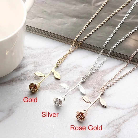 Rose Flower Simple Minimalistic Silver Necklace - Picture 2 of 5